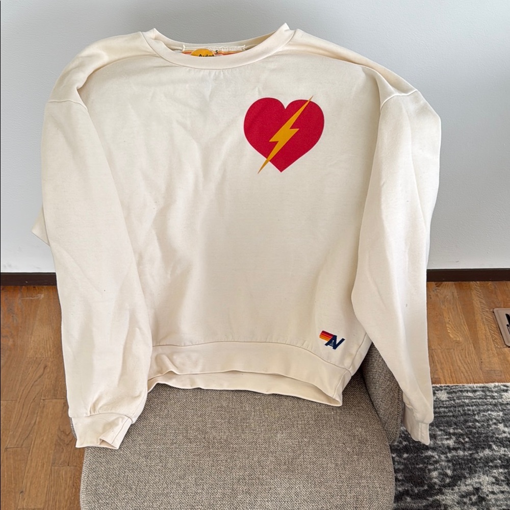 Cream Sweatshirt with Red Heart and Lightning Bolt